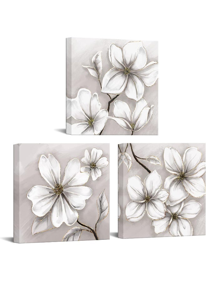 Home Trove Sechars 3 Piece Framed Flower Wall Art Paintings White And Gold Floral Canvas Print With Wood Frame Vintage Still Life For Bedroom Bathroom Decor Stretched Canvas Ready To Hang 12''X12''X3Pcs  - Image 1