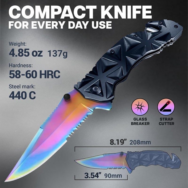 GOOD WORKER سكين جيب للرجال - سكين متعددة الوظائف 3 في 1 - قاطع أسلاك، كاسر زجاج، شفرة مسننة حادة 3.5 بوصة - سكاكين قابلة للطي بمساعدة نابض للاستخدام التكتيكي للصيد والتخييم - أفضل فكرة هدية للرجال والنساء HB 207 - Image 2