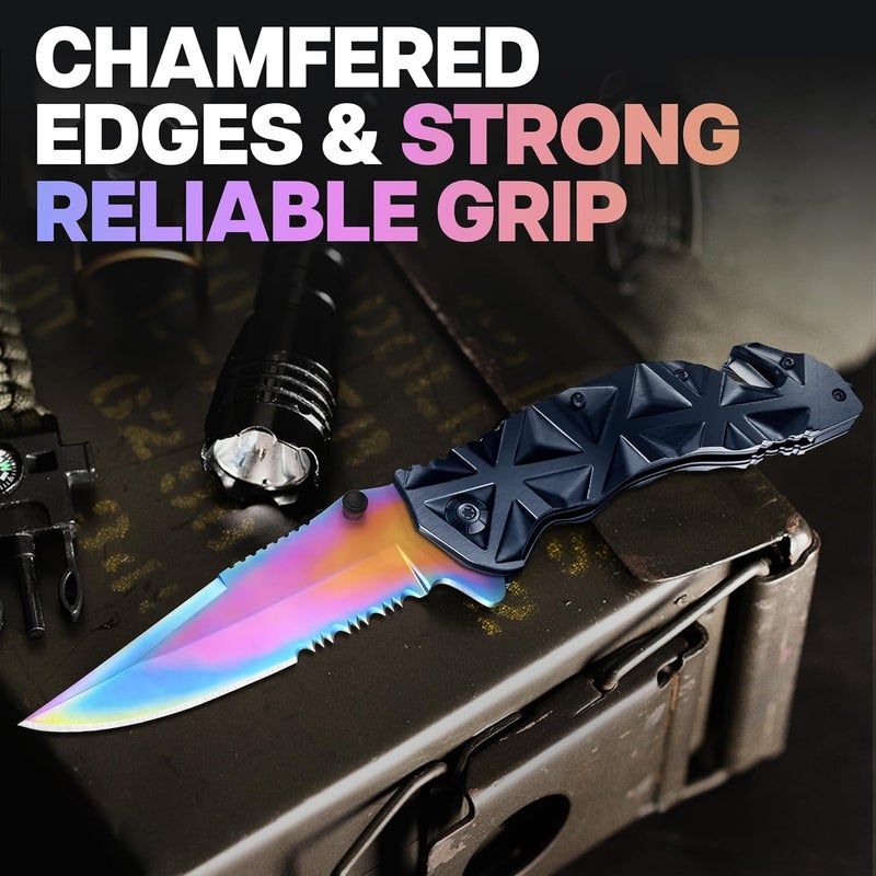 GOOD WORKER سكين جيب للرجال - سكين متعددة الوظائف 3 في 1 - قاطع أسلاك، كاسر زجاج، شفرة مسننة حادة 3.5 بوصة - سكاكين قابلة للطي بمساعدة نابض للاستخدام التكتيكي للصيد والتخييم - أفضل فكرة هدية للرجال والنساء HB 207 - Image 4