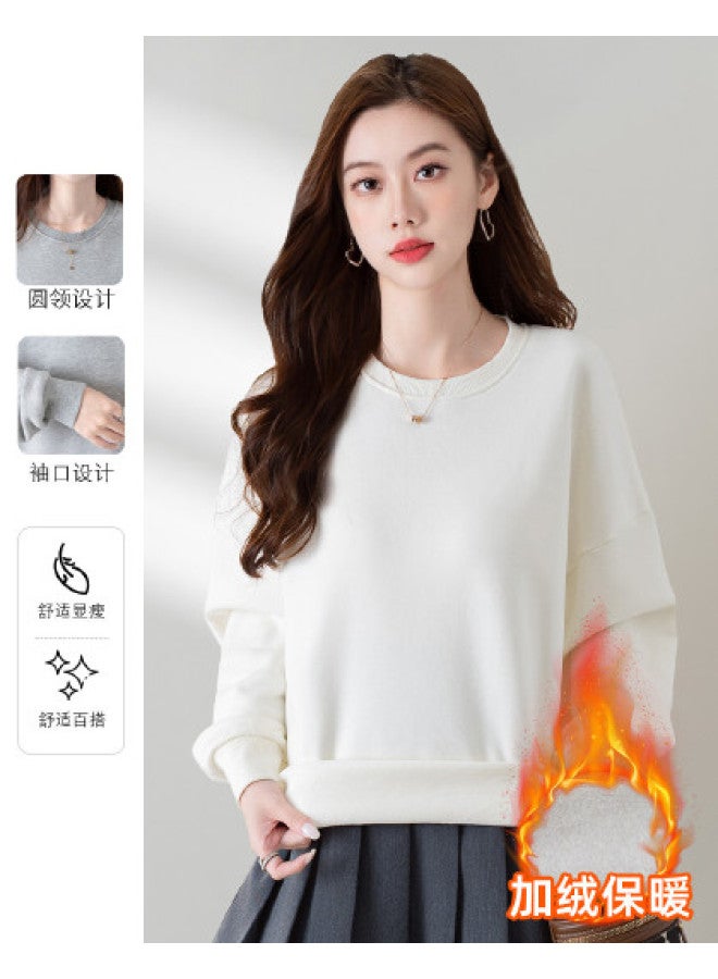 Baleno Plus Size Fleece-Lined Hoodie Covering Hips Long Sleeve Round Neck Women'S Loose Comfortable Casual Solid Color Top Winter Trendy - Image 1