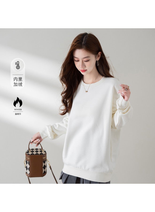 Baleno Plus Size Fleece-Lined Hoodie Covering Hips Long Sleeve Round Neck Women'S Loose Comfortable Casual Solid Color Top Winter Trendy - Image 3