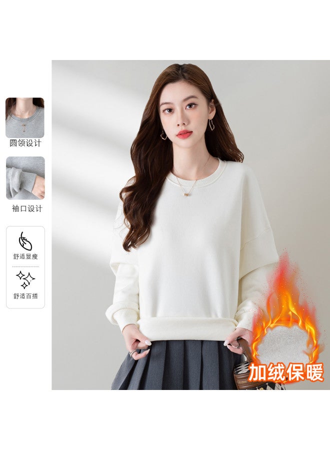 Baleno Plus Size Fleece-Lined Hoodie Covering Hips Long Sleeve Round Neck Women'S Loose Comfortable Casual Solid Color Top Winter Trendy - Image 2