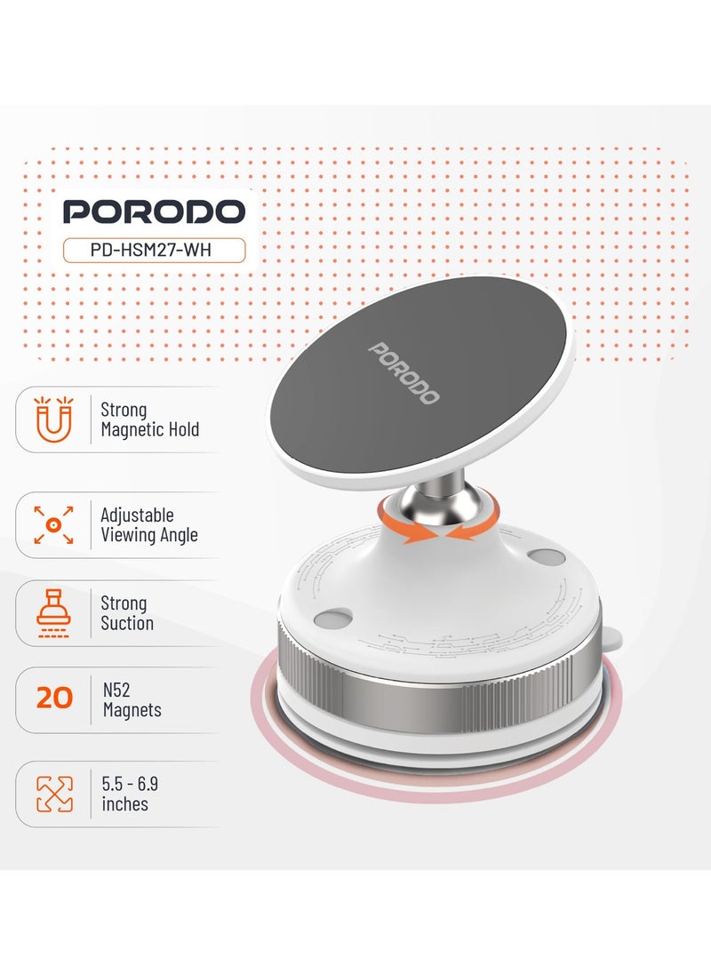 porodo Vacuseal Smart Suction Magnetic Phone Mount / Flexible and 360 Degree Viewing Angle / Phone Holder / Portable Mobile Holder / Strong Magnet and Suction - White  - Image 2