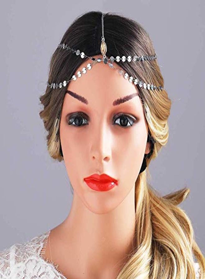 Aukmla سلسلة رأس بوهيمية مزينة بالخيوط اللامعة لحفلات الزفاف ومناسبات الأعياد سلسلة شعر ربيع صيف كريسماس موضة إكسسوار شعر للنساء والفتيات (فضي) - Image 4