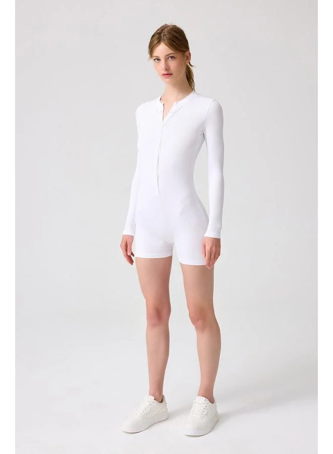 Los Ojos x Melodi White Ribbed Long Sleeve Short Jumpsuit Romper