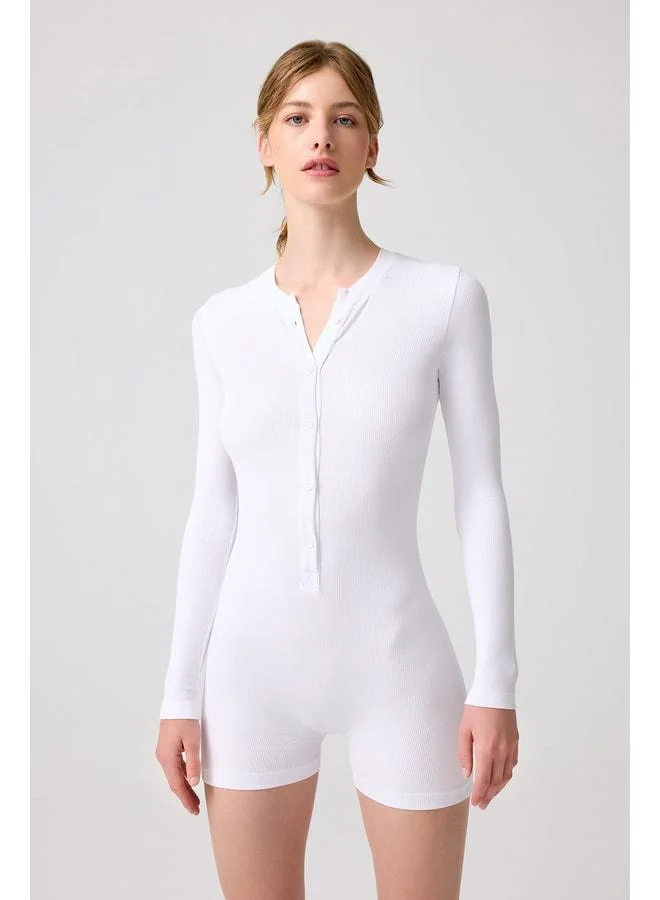 Los Ojos x Melodi White Ribbed Long Sleeve Short Jumpsuit Romper