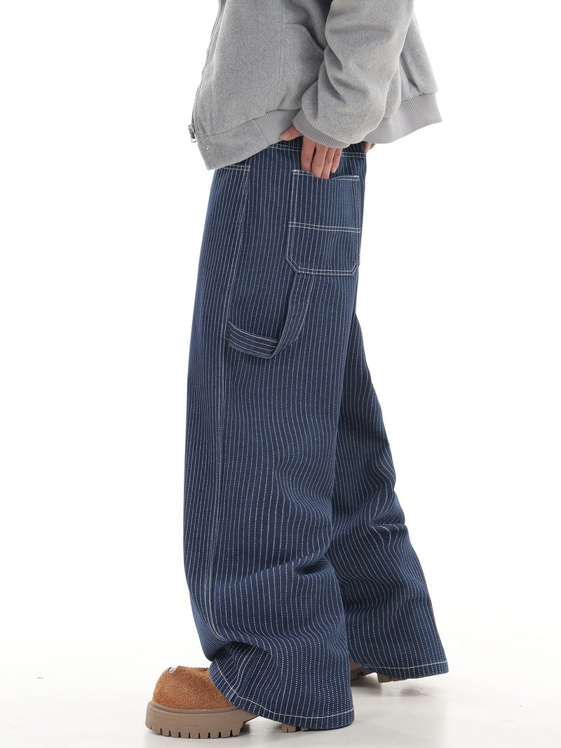 A Pair of American Vintage Striped Loose-Fit Jeans with Multiple Pockets, Perfect for Street Style And Urban Fashion, Suitable for Men () - Image 5