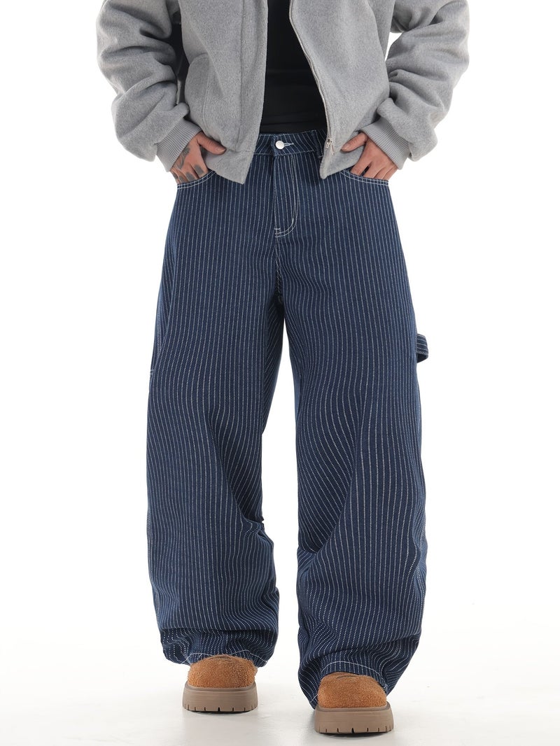 A Pair of American Vintage Striped Loose-Fit Jeans with Multiple Pockets, Perfect for Street Style And Urban Fashion, Suitable for Men () - Image 2