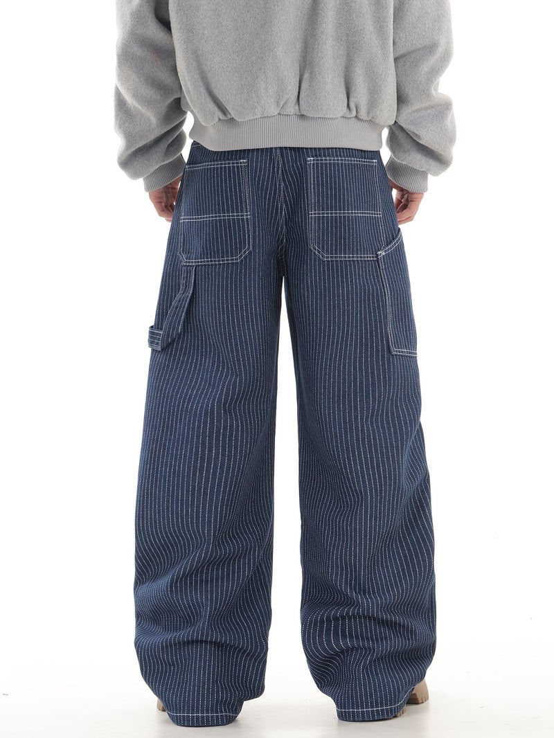 A Pair of American Vintage Striped Loose-Fit Jeans with Multiple Pockets, Perfect for Street Style And Urban Fashion, Suitable for Men () - Image 4