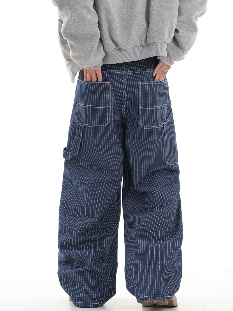 A Pair of American Vintage Striped Loose-Fit Jeans with Multiple Pockets, Perfect for Street Style And Urban Fashion, Suitable for Men () - Image 3