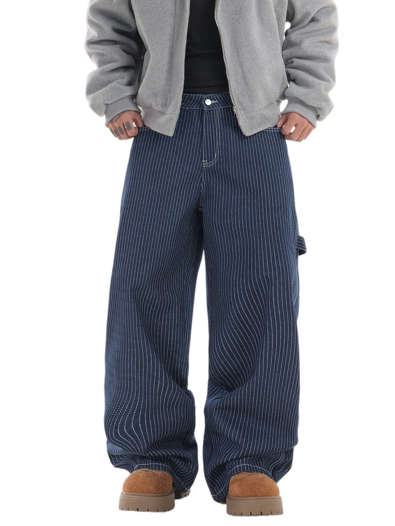 A Pair of American Vintage Striped Loose-Fit Jeans with Multiple Pockets, Perfect for Street Style And Urban Fashion, Suitable for Men () - Image 1