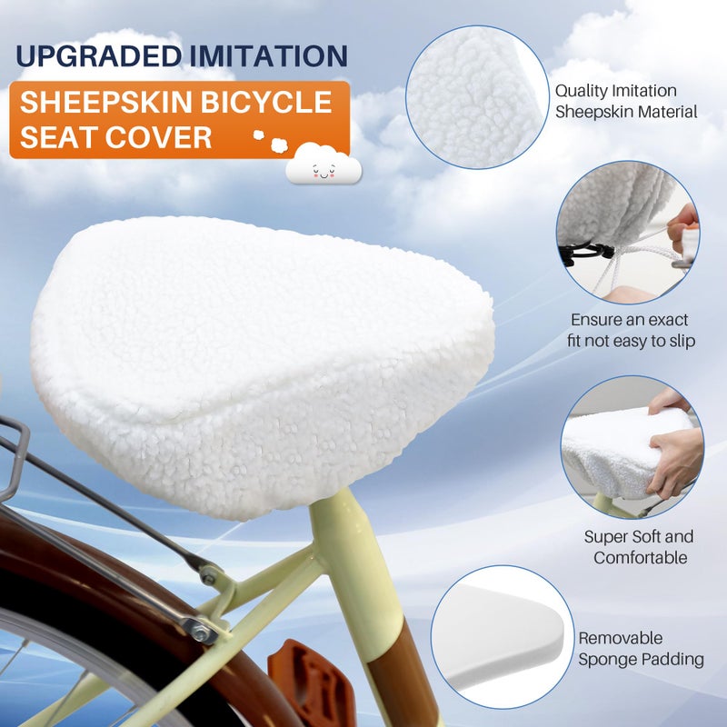 Feekoon Imitation Sheepskin Bicycle Seat Cover & Removable Sponge Padding, White Universal Sheepskin Bike Cushion Cover, Secure Fit Fur Protector for Wide Seat Spin Bike, Cruiser Exerciser(White) - Image 3