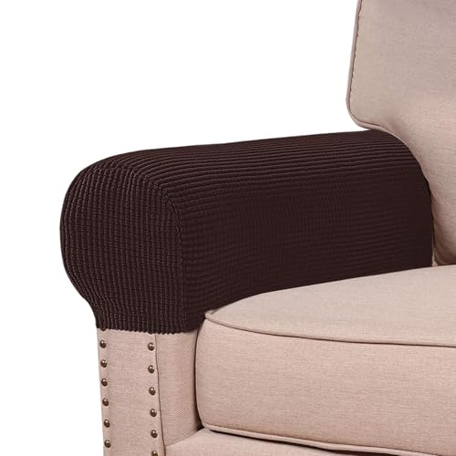 Turquoize Stretch Armrest Covers for Chairs and Sofas Couch Arm Covers for Sofa Spandex Jacquard Armrest Cover Anti-Slip Furniture Protector Washable Armchair Slipcovers for Recliner Set of 2, Brown - Image 1