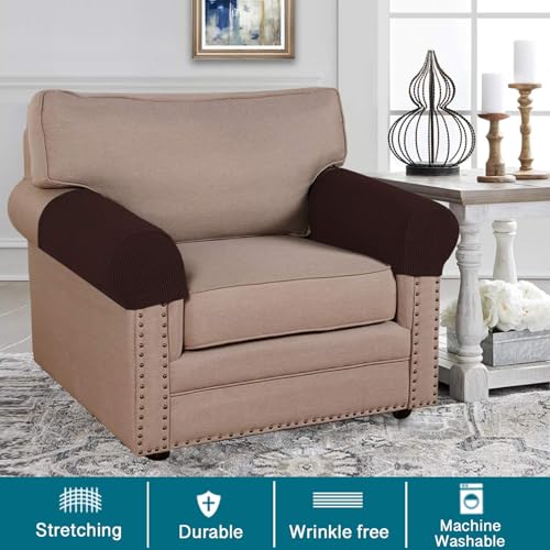 Turquoize Stretch Armrest Covers for Chairs and Sofas Couch Arm Covers for Sofa Spandex Jacquard Armrest Cover Anti-Slip Furniture Protector Washable Armchair Slipcovers for Recliner Set of 2, Brown - Image 2