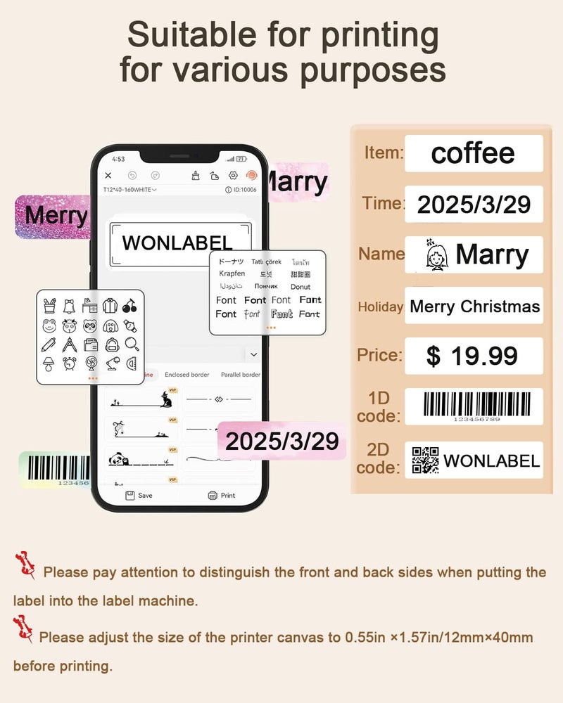 WONLABEL D30 Holographic Thermal Labels, D30 Label Maker Tape Refill, 12x40mm (0.47"x1.57") Adhesive D30 Label Tape for D30 /D30S Label Makers, 320 PCS/2Rolls, Holographic Purple - Image 5