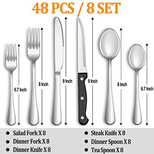 MUTNITT 48 Pcs Silverware Set with Steak Knives Service for 8,Stainless Steel Flatware Set,Mirror Polished Cutlery Utensil Set,Home Kitchen Eating Tableware Set,Include Fork Knife Spoon Set,Dishwasher Safe - Image 2