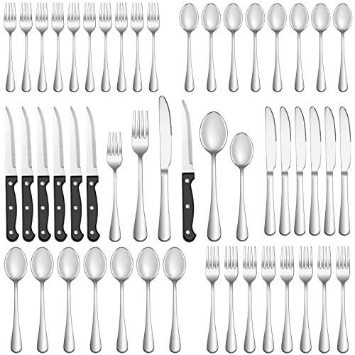 MUTNITT 48 Pcs Silverware Set with Steak Knives Service for 8,Stainless Steel Flatware Set,Mirror Polished Cutlery Utensil Set,Home Kitchen Eating Tableware Set,Include Fork Knife Spoon Set,Dishwasher Safe - Image 1