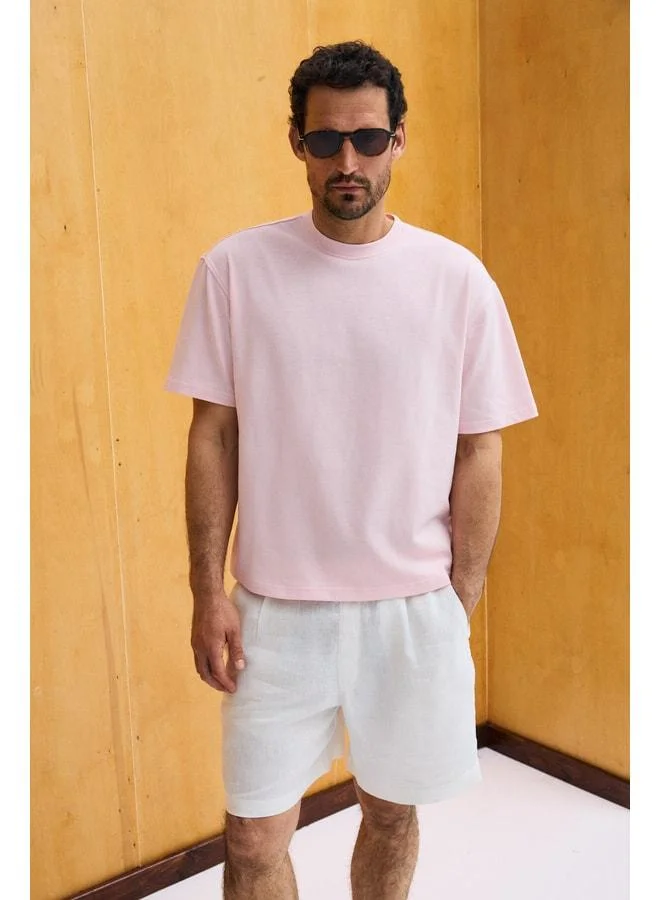 Grimelange DUNNO Men's 100% Organic Cotton Round Neck Regular Fit Pink T-Shirt.