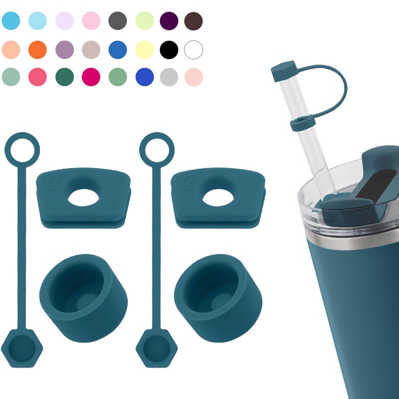 Silicone Spill Stopper Set Compatible with Stanley Cup 20 30oz  40oz with Straw Cover Set of 2 Blue Spruce
