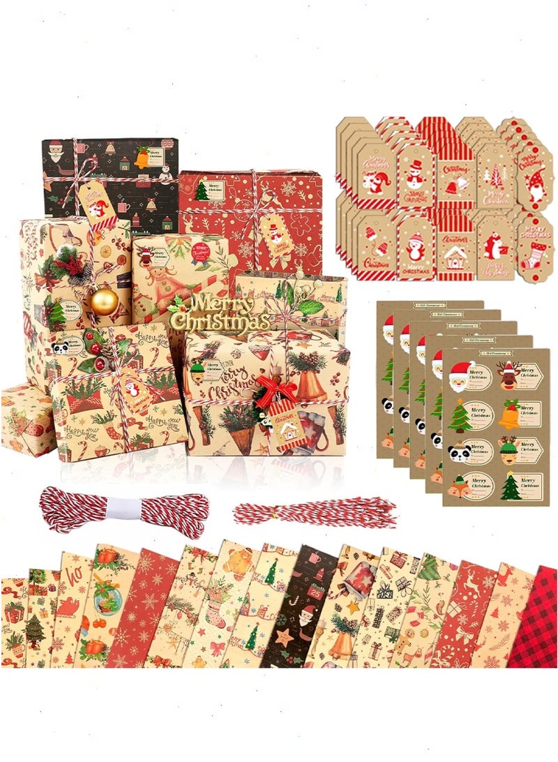 عيد الميلاد ورق التغليف ، 15 قطعة ورق الكرافت هدية ورق التغليف مع 50 قطعة العلامات لعيد الميلاد زينة الحفلات ، عناصر عيد الميلاد ورق التغليف لعيد الميلاد عطلة لتقوم بها بنفسك لوازم - Image 1