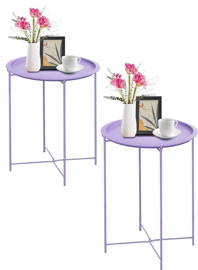 Garden 4 you End Table 2 PCS Metal Side Table Purple Round Folding Tray Cyan Sofa Small Accent Fold-able Table, Round End Table Tray, Next to Sofa Table, Snack Table for Living Room and Bed Room - Image 1