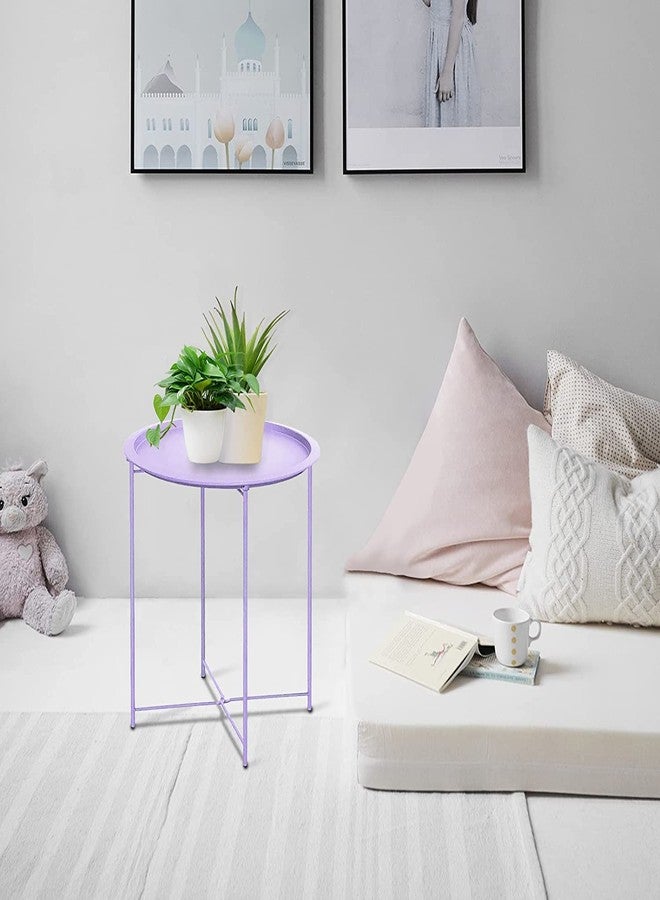 Garden 4 you End Table 2 PCS Metal Side Table Purple Round Folding Tray Cyan Sofa Small Accent Fold-able Table, Round End Table Tray, Next to Sofa Table, Snack Table for Living Room and Bed Room - Image 2