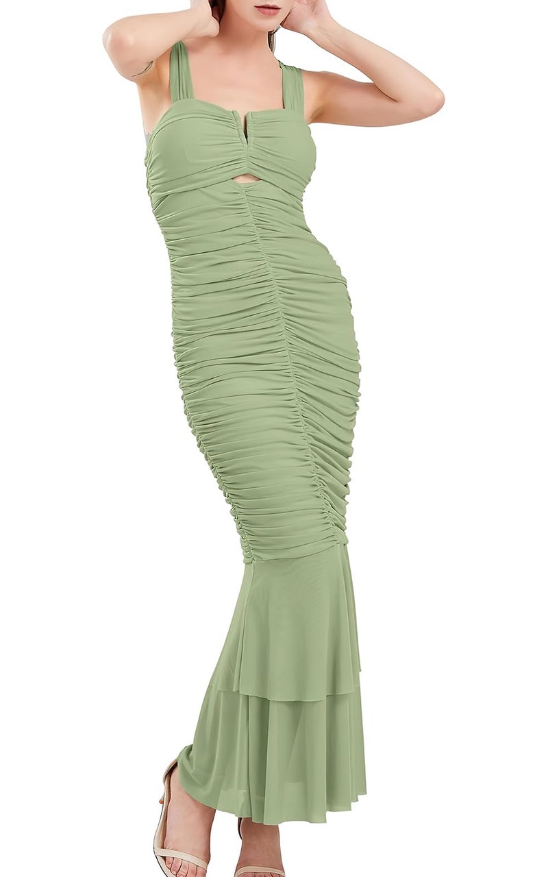 ebossy Women's Sexy Backless Zipper Pleated Ruffles Mermaid Fishtail Evening Party Bodycon Maxi Dress (Medium, Green) - Image 4