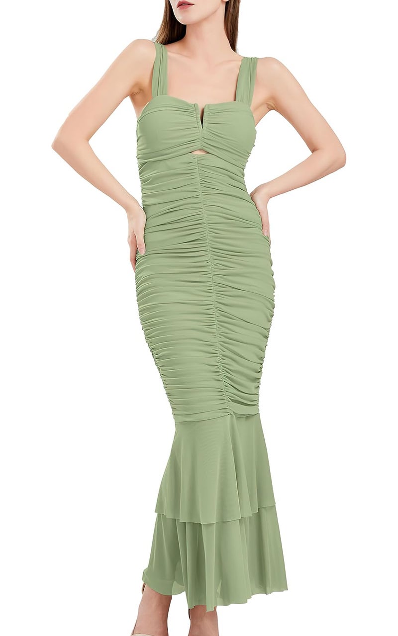 ebossy Women's Sexy Backless Zipper Pleated Ruffles Mermaid Fishtail Evening Party Bodycon Maxi Dress (Medium, Green) - Image 5