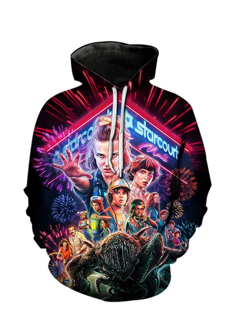 سويت شيرت فضفاض بغطاء رأس وطبعة رقمية ثلاثية الأبعاد من Stranger Things - Image 1