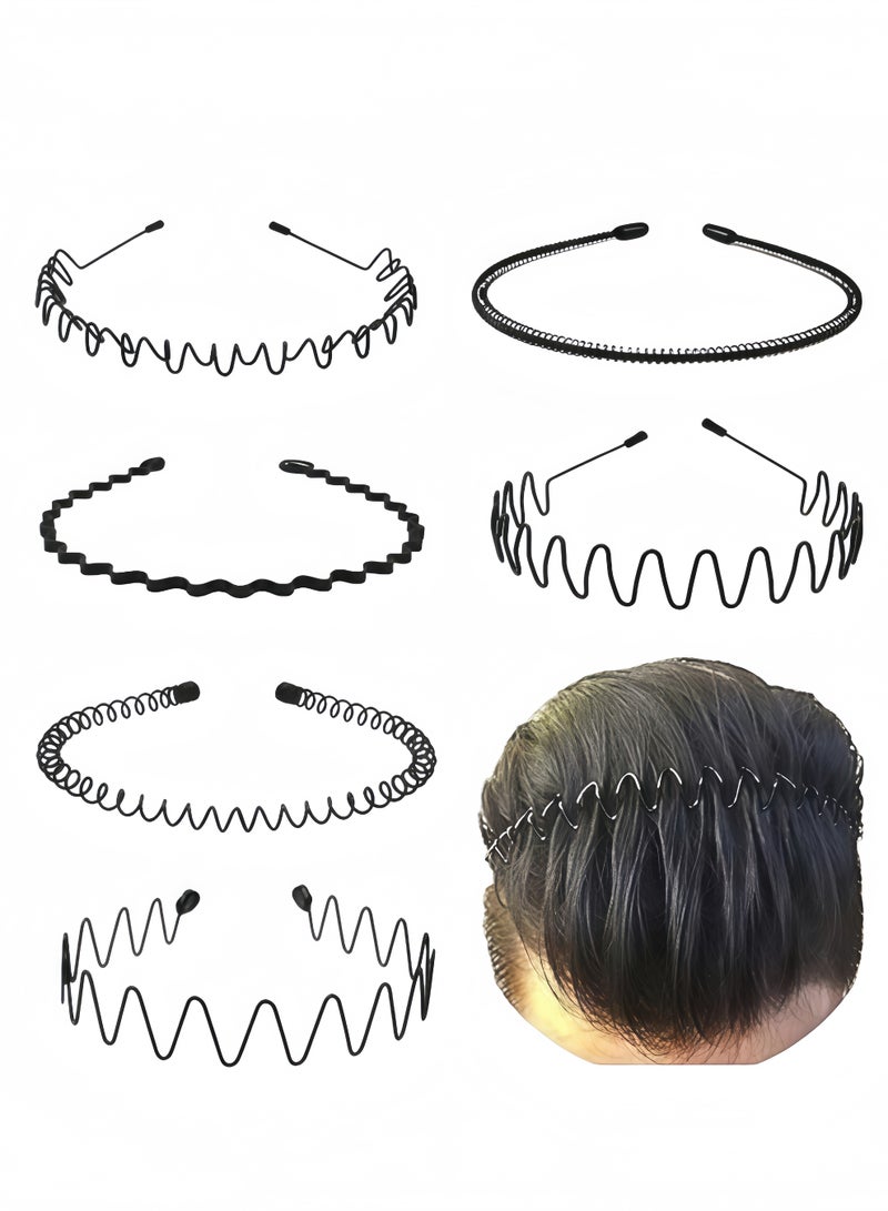 6 Pieces Metal Headbands Wavy Hairband Spring Hair Hoop Sports Fashion Hair Bands Unisex Black Elastic Non Slip Simple Headwear Accessories - Image 1