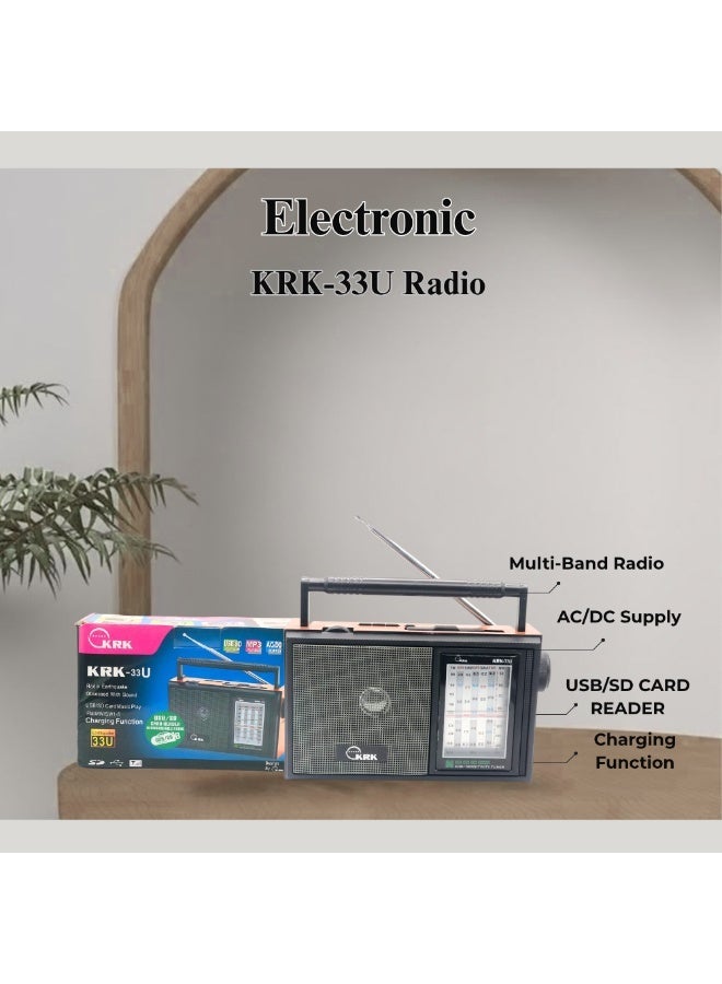 كي آر كي راديو محمول متعدد النطاقات KRK-33U AC/DC ومشغل MP3 قابل لإعادة الشحن مع قارئ بطاقات USB/SD، FM/AM/موجات قصيرة (SW-1-5) وتشغيل الموسيقى - Image 1