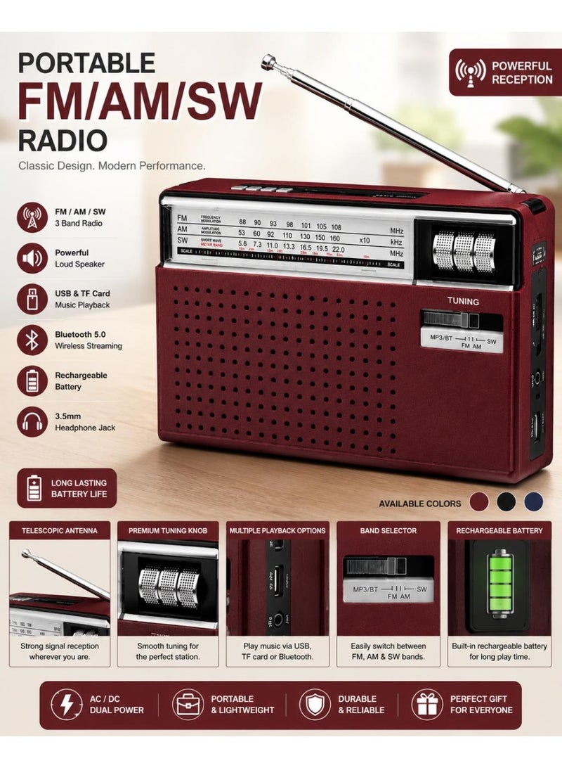 HB Portable FM/AM/SW Radio with Bluetooth USB & TF Card MP3 Player, Rechargeable Battery, Powerful Speaker,Strong Signal Antenna, AC/DC Dual Power, 3-Band Radio for Home, Travel, Camping And More - Image 5