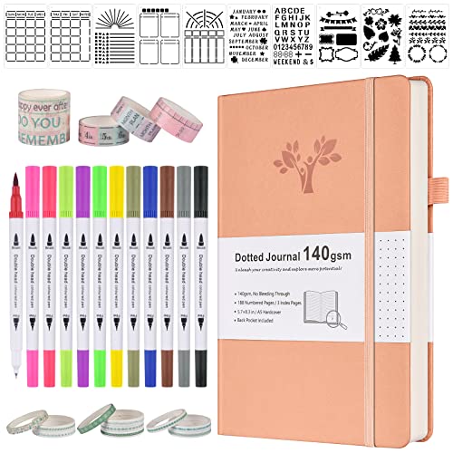 OFFIGIFT Bullet Dotted Journal Kit, 140gsm No Bleed A5 Dotted Bullet Grid Journal Set with 188 Pages, 10 Stencils, 14 Washi Tape, 12 Brush Pens Dual Tip, Journaling Supplies for Diary Schedule Planner, Pink - Image 1