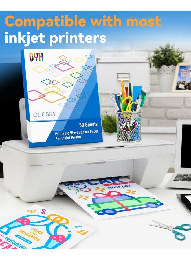 QYH Printable Vinyl For Inkjet Printer Glossy 50 Sheets Sticker Paper Waterproof Labels Adhesive Vinyl For Cricut (8.5X11 White) - Image 2