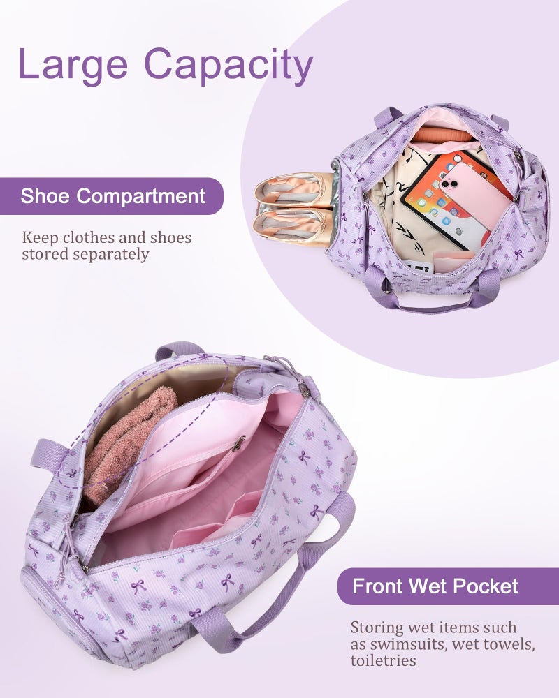 BTOOP Duffle Bag for Gym Sports Women Girls Workout Travel Bag Weekender with Shoe Compartment and Wet Pocket (Purple Bow) - Image 4