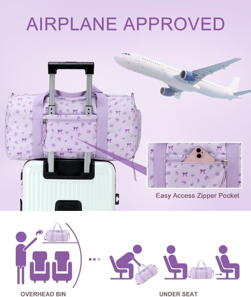 BTOOP Duffle Bag for Gym Sports Women Girls Workout Travel Bag Weekender with Shoe Compartment and Wet Pocket (Purple Bow) - Image 5