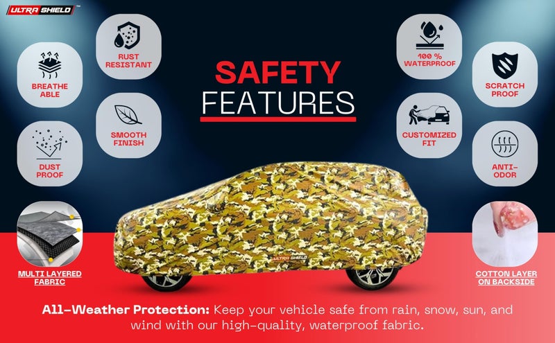 ULTRA SHIELD Army Series 100% Waterproof Car Body Cover for Maruti Suzuki Alto 800 with Mirror Pockets | Triple Stitched, Elastic, Custom Fit, Heat Resistant, Anti-Dust, All-Weather Cover (Military) - Image 3