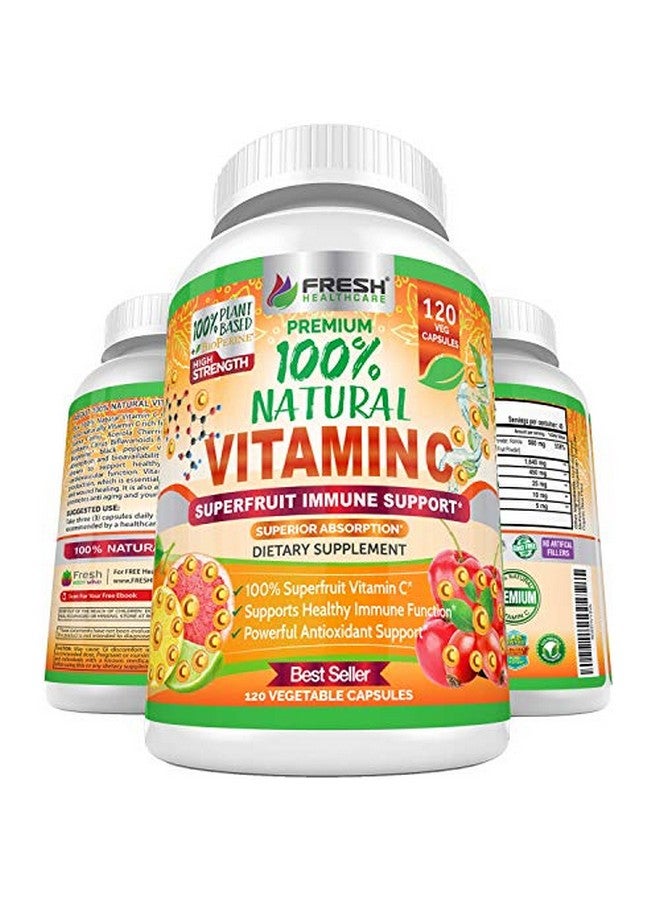 FRESH HEALTHCARE Natural Vitamin C 100% From Rose Hips Acerola Cherry And Camu Camu Superfruit 500Mg High Absorption Immune Support Skin Joint And Collagen Booster With Citrus Biflavanoids 120 Capsules - Image 1