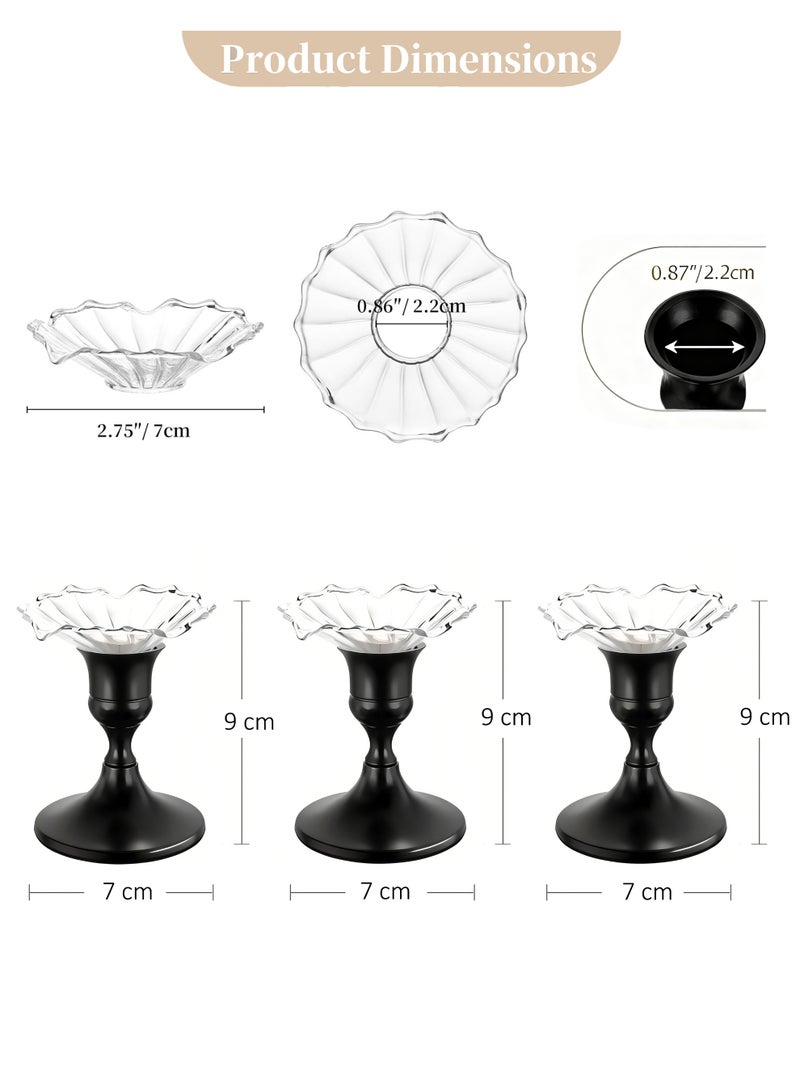 بيت النور مجموعة من 3 حوامل شموع فاخرة باللون الأسود المطفأ (Matte Black) مزودة بقطعة زجاجية لالتقاط الشمع المذاب على شكل بتلة؛ حوامل شموع أنيقة مانعة لتقاطر الشمع، مثالية لتزيين الطاولات، وديكور المنزل، وحفلات الزفاف، والحفلات، والمناسبات الاحتفالية. - Image 2