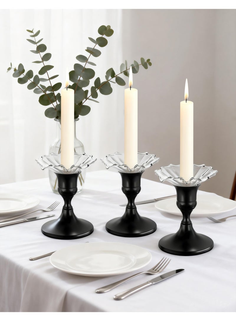 HomeNoor Premium Matte Black Candlestick Holders with Petal-Shaped Glass Wax Catcher Set of 3, Elegant Anti-Drip Candle Stands for Table Centerpieces, Home Decor, Weddings, Parties and Festival Celebrations - Image 1