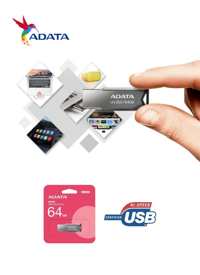 أداتا - UV250 كلاسيك | محرك فلاش USB 2.0 سعة 64 جيجابايت | معدن الفضة | نقل بيانات خفيف الوزن وسريع - Image 1