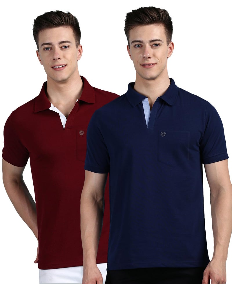 Lux Cozi Men's Regular Fit Polo Neck Half Sleeve Solid Casual T-Shirt with Chest Pocket for Casual Wear_COZI_2122_INKBU_MRN_2XL_2PC - Image 1