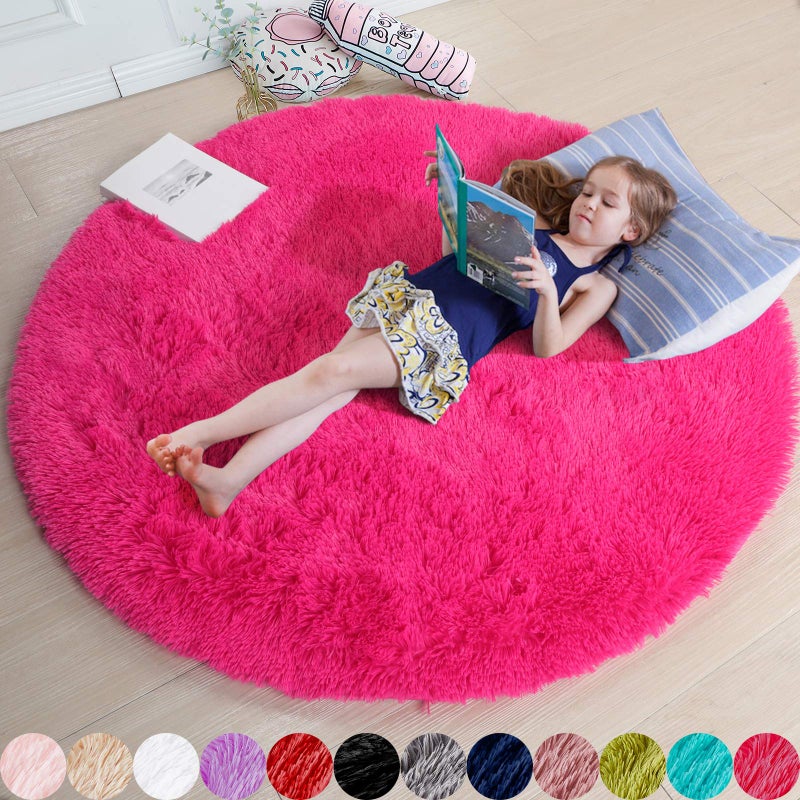 Hot Pink Round Rug 4Ft for Girls Bedroom Fluffy Circle Area Rugs for Kids Room Decor Aesthetic Shag Plush Fuzzy Furry Carpet for Living Room Nursery Dorm Classroom Teen Cute Shaggy Baby Rug