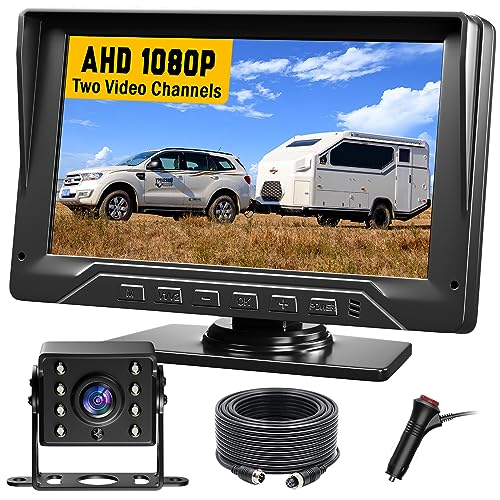 FEISIKE RV Backup Camera Plug and Play, 7'' Backup Camera for Truck Trailer, No Delay, 1080P HD, 2 Channels, 150° Wide Angle, DIY Guide Lines, Night Vision, IP69 Rear View Camera - Image 1