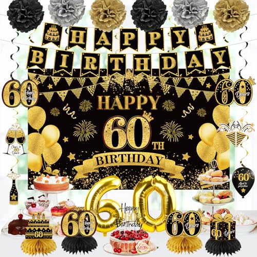 Eucutur 42PCS 60th Birthday Decoration Kit for Men Women, Black Gold Happy 60th Bday Banner Balloons Honeycomb Centerpiece Swirl Paper Pompoms Party Supplies, 60 Bday Sash Table Cake Topper Swirls Set - Image 4
