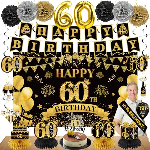 Eucutur 42PCS 60th Birthday Decoration Kit for Men Women, Black Gold Happy 60th Bday Banner Balloons Honeycomb Centerpiece Swirl Paper Pompoms Party Supplies, 60 Bday Sash Table Cake Topper Swirls Set - Image 1