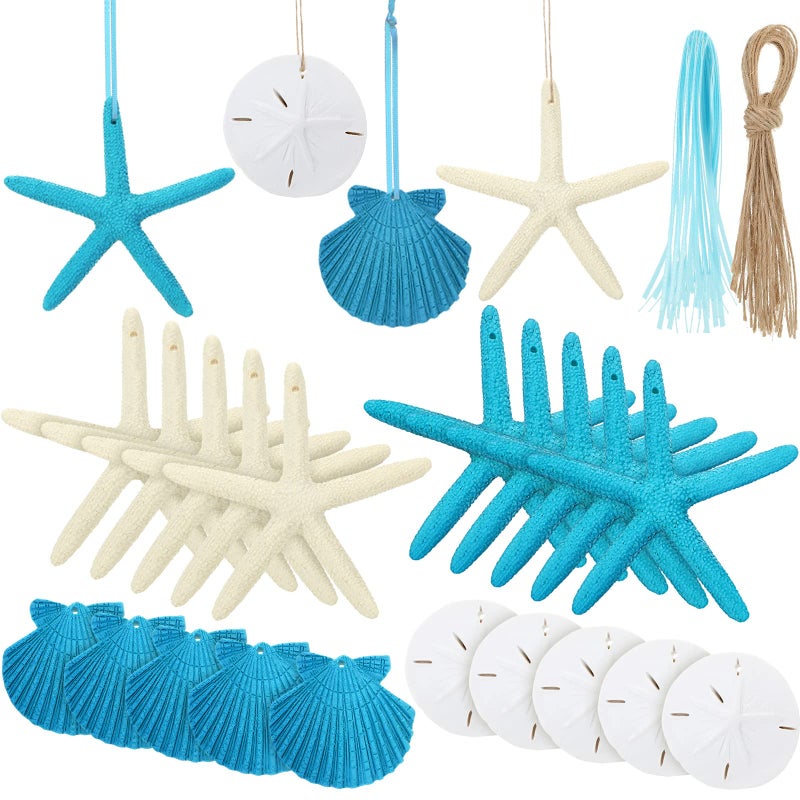 Chuangdi 20 Pieces Resin Seashell Starfish Ornaments Sand Dollar Hanging Decorations with Rope and Blue Ribbon for Summer Beach Wedding Party DIY Craft Decorations