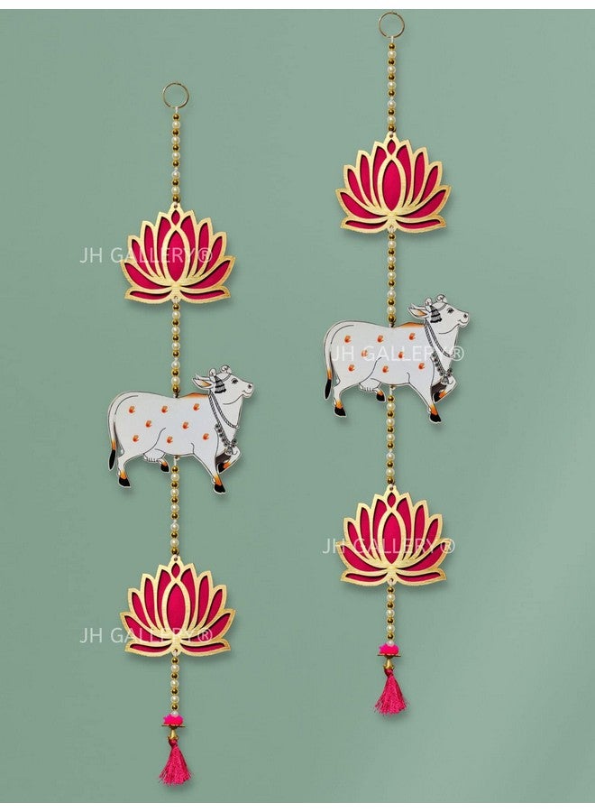 JH Gallery Lotus Hangings for Decoration/Floral Pichwai Cow Wall Hangings for Temple Decor, Diwali Decoration Items (26 Inches Height - 1 Pair, Multi-Coloured) - Image 3
