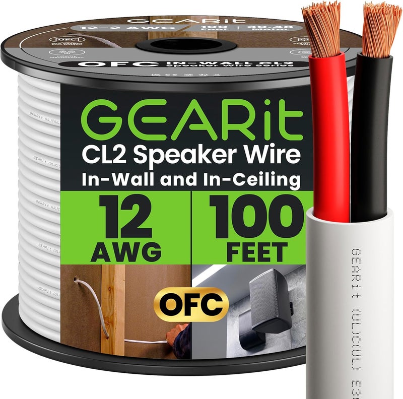 GearIT 12/2 Speaker Wire (100 Feet) 12AWG Gauge - in Wall Audio Speaker Wire Cable / CL2 Rated / 2 Conductors - OFC Oxygen-Free Copper, White 100ft - Image 1