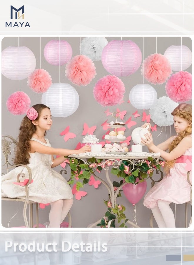 Maya Hanging Party pom pom Set, 15pcs Pink White Paper Flowers Pom Poms Balls and Paper Lanterns for Wedding Birthday Bridal Baby Shower Graduation, Lantern - Image 4